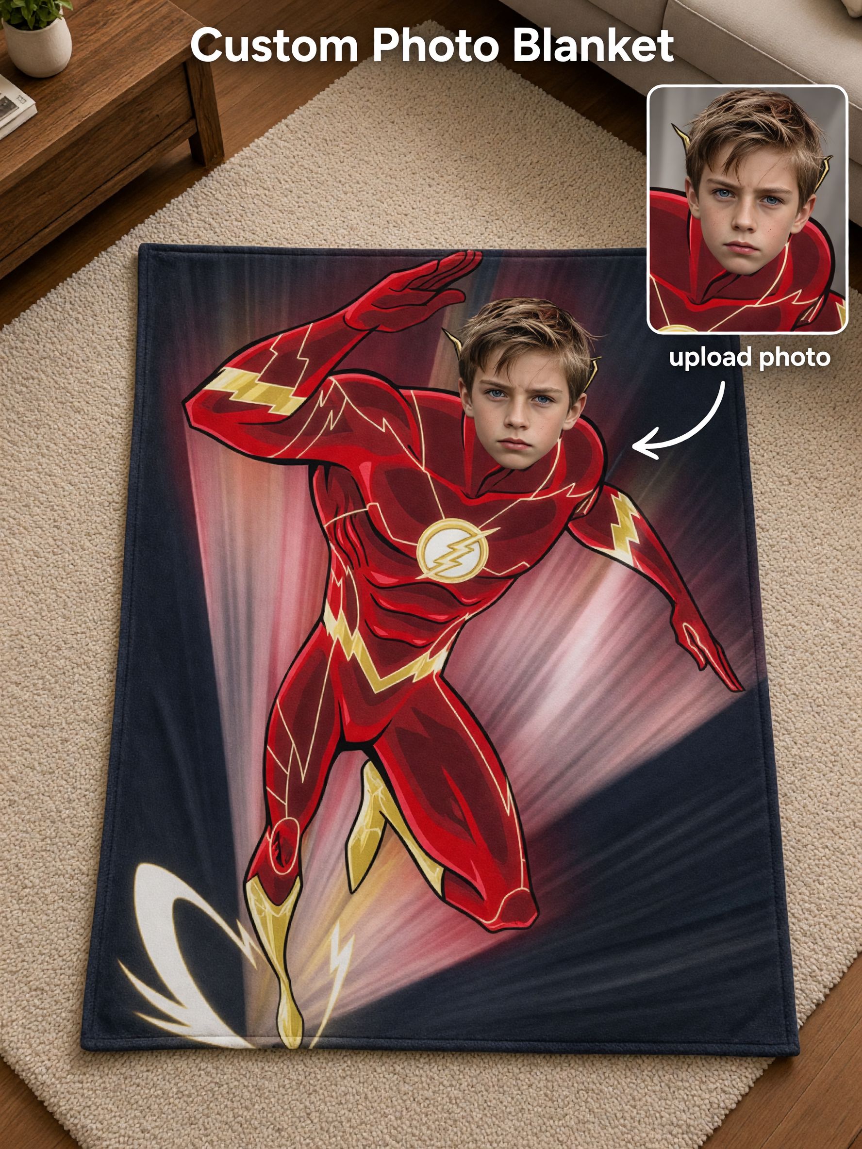 Custom Face Superhero Flannel Fleece Blanket, Personalized Photo Throw for Kids, Skin-Friendly Cozy Keepsake Gift