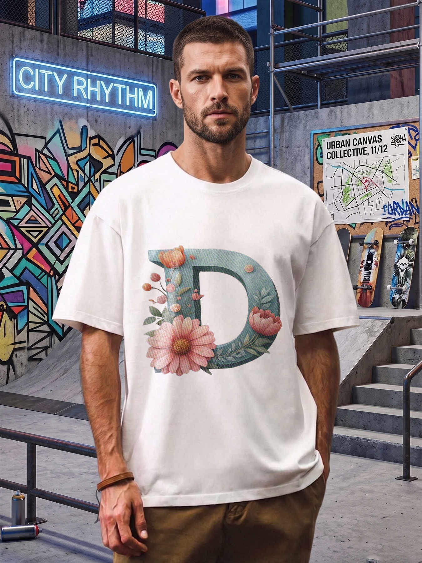 Men's Printed T-Shirt with Floral Letter D Design Casual Round Neck Summer Lightweight Breathable Short Sleeve T-Shirt for Outdoor Activities and Daily Wear Adults