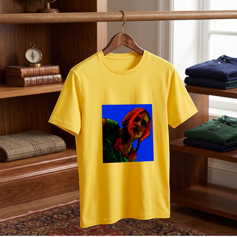 Red-Haired Woman in Green Top Against Blue Background - Tee