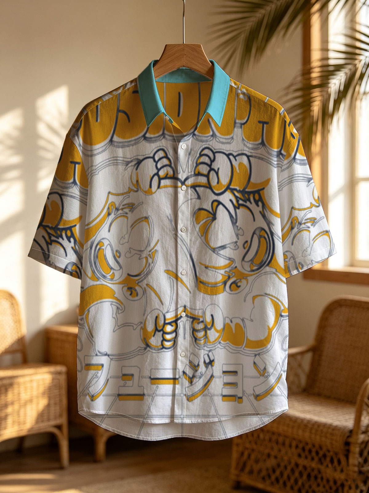 Fusion-Ha: Two Cartoon Characters in Dynamic Pose with Japanese Text and Palm Trees Background -  Shirt