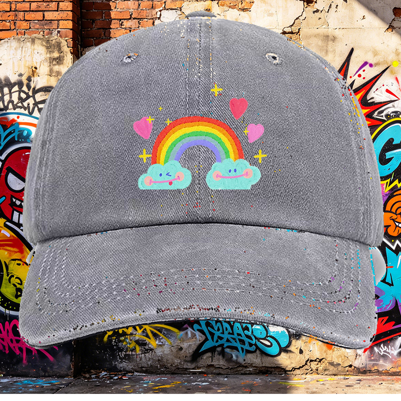 Men's Printed Washed Cap with Rainbow Clouds and Hearts Design - Casual Round Brim Summer Lightweight Hat for Outdoor Activities, Travel, and Daily Wear - Ideal for Young Adults and Trendy Urban Style Lovers