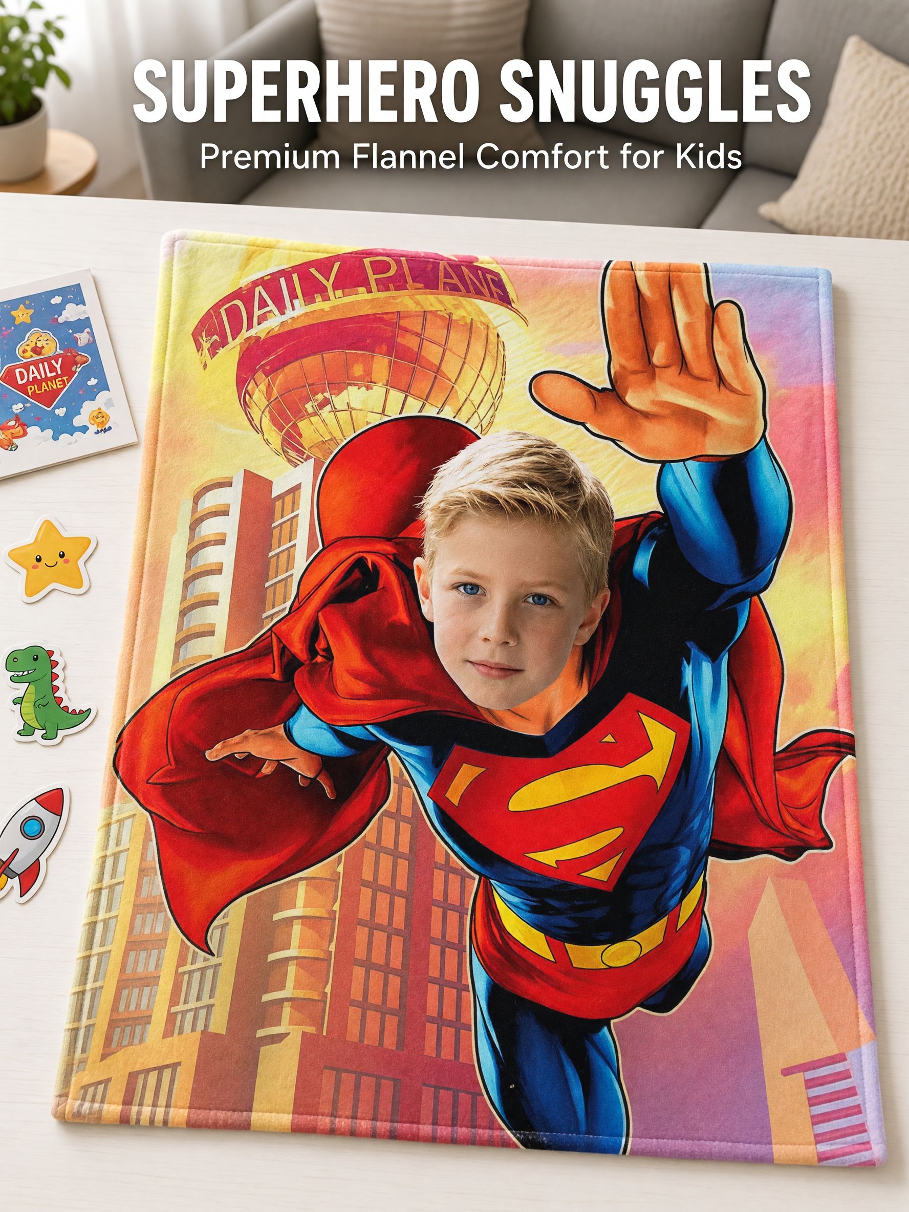 Custom Face Photo Superhero Flannel Fleece Blanket, Ultra Soft Personalized Bed Sofa Throw for Kids and Adults Gift