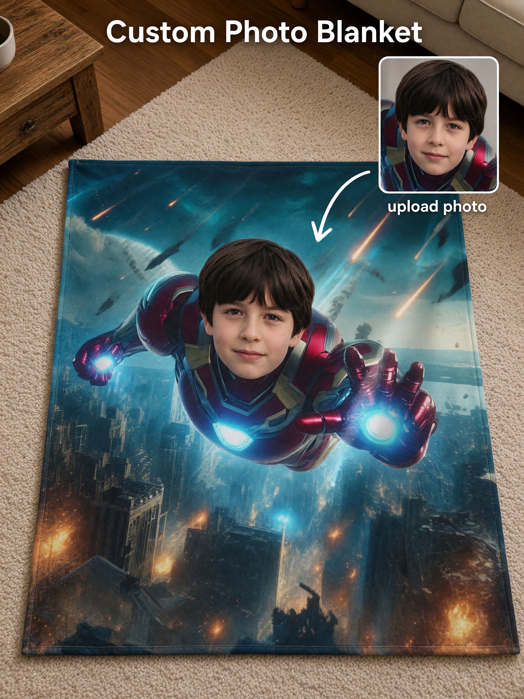 Custom Photo Superhero Flannel Fleece Blanket, Personalized Flying Hero Face Portrait Throw, Ideal Cozy Keepsake Gift