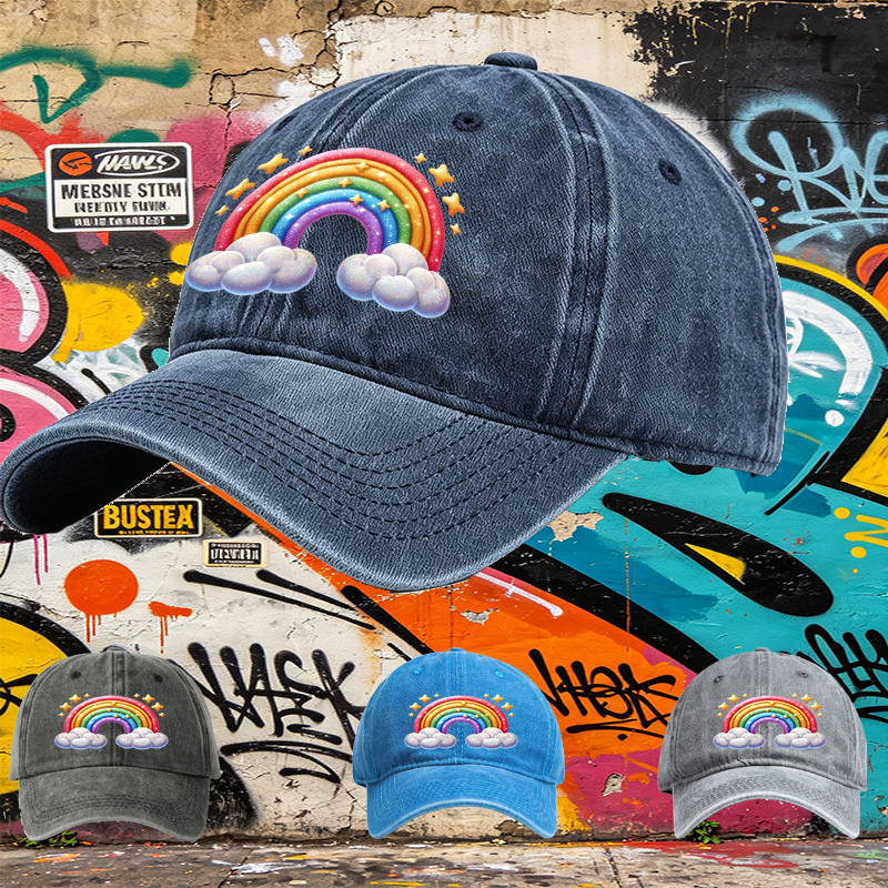Unisex Classic Washed Cap Rainbow Clouds Print - Perfect for Casual Outings, Beach, and Daily Wear - Ideal for Youth and Adults Seeking Fun, Colorful Style