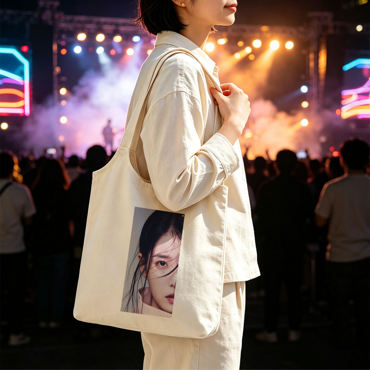 IU Close-Up Portrait with Soft Lighting and Gentle Expression - Canvas shoulder bags/
