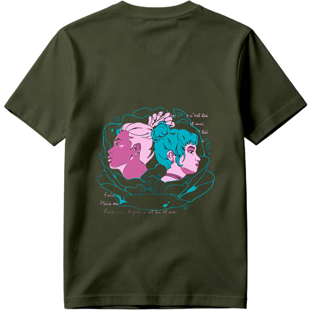 Two Women in Profile: A Stylized Artwork Featuring Pink and Teal Hair with French Text - Tee