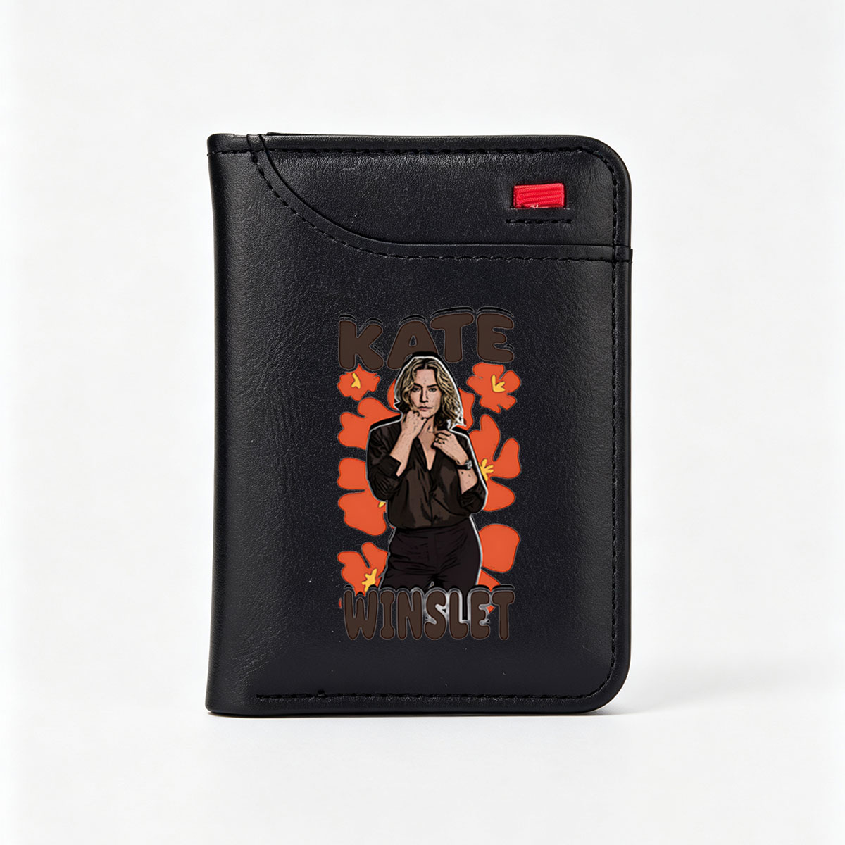 Kate Winslet in a stylish black outfit with floral background - Vertical Style Wallet