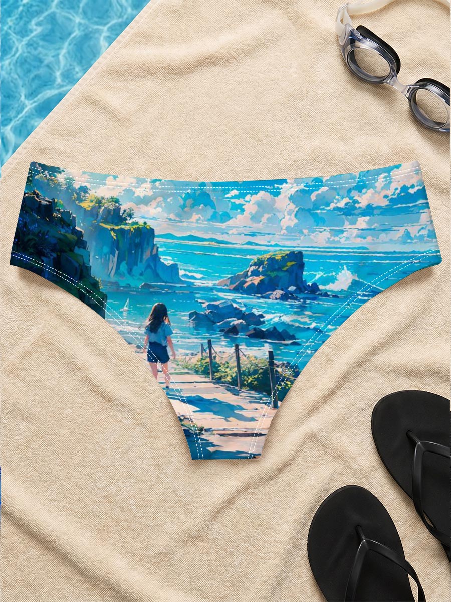 Girl walking on coastal path overlooking turquoise sea and rocky cliffs under bright blue sky -  Men's swim trunks