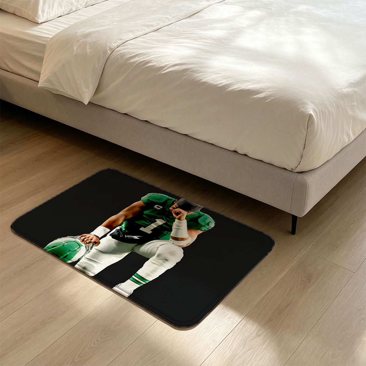 Quarterback in Green Jersey with Number 1, Holding Helmet, Kneeling Pose - Flannel floor mat