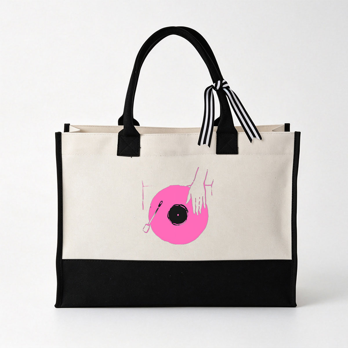 DJ Hand on Pink Vinyl Record - Canvas patchwork gift tote bag