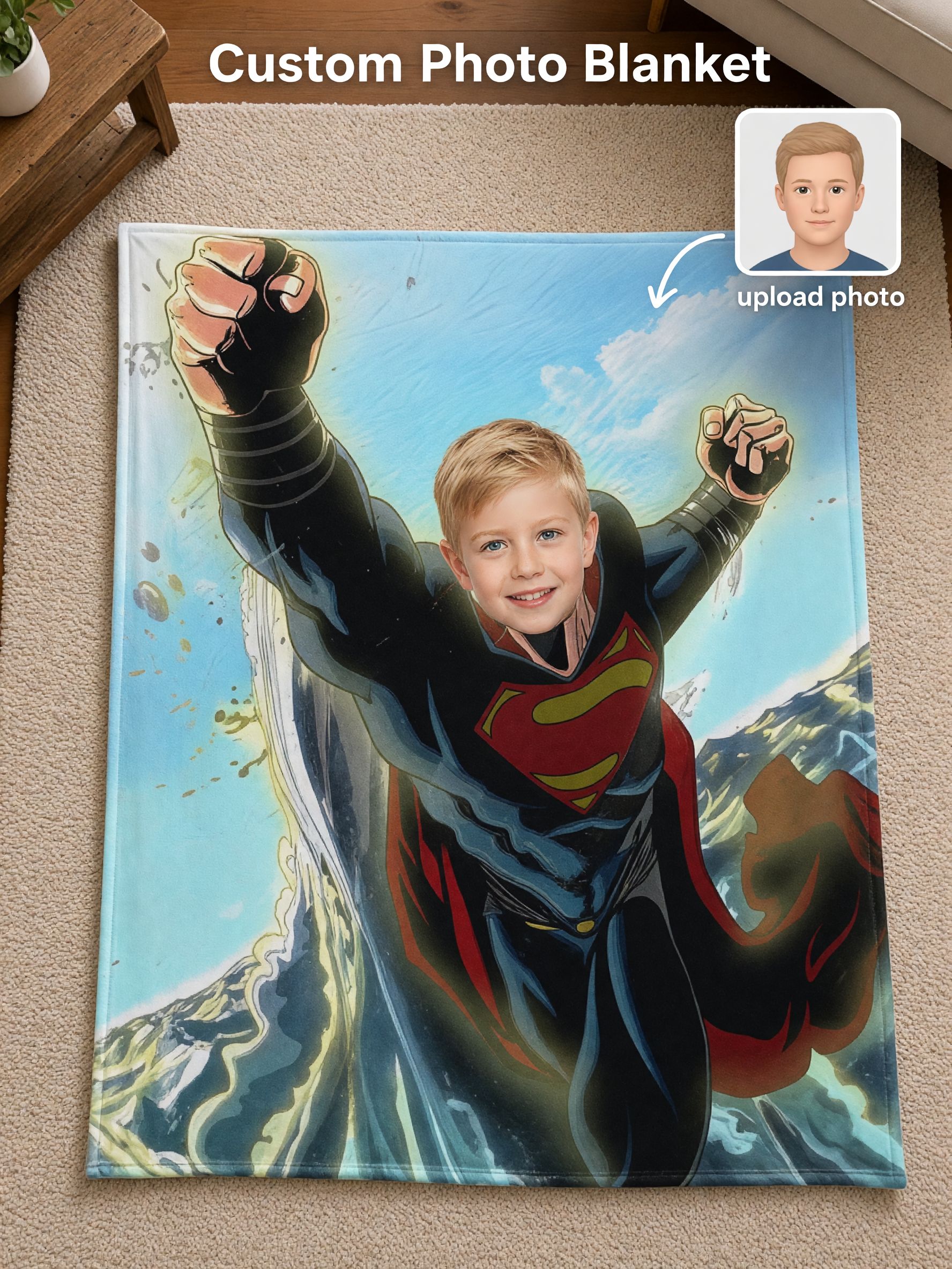 Custom Photo Superhero Flannel Fleece Throw Blanket, Personalized Ultra Soft Comic Hero Bedding for Kids and Adults