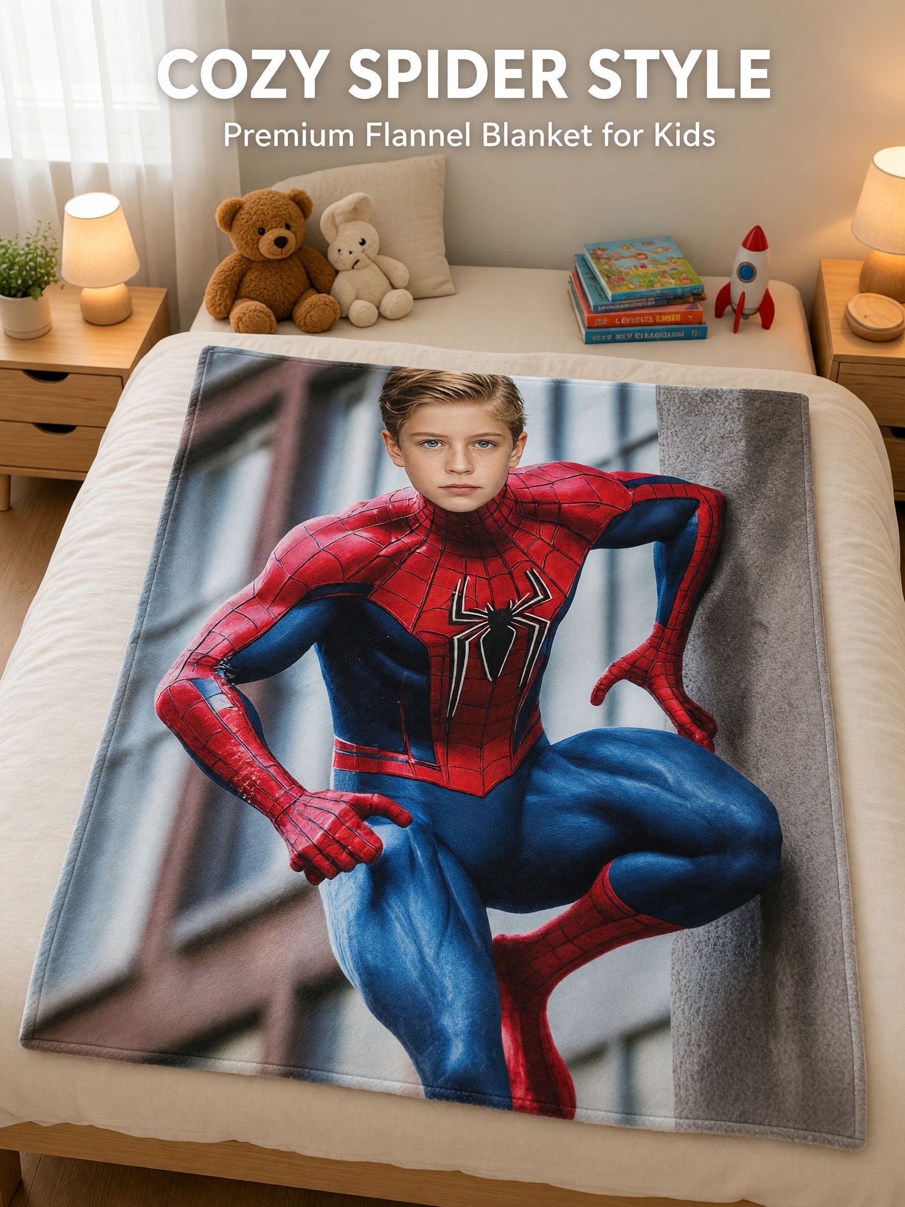 Custom Face Photo Superhero Flannel Fleece Blanket, Ultra Soft Personalized Throw for Bed Couch, Cozy Gift for Kids