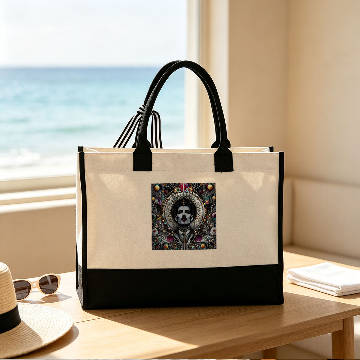 Freddie Mercury in Cosmic Stained Glass Portrait - Canvas patchwork gift tote bag
