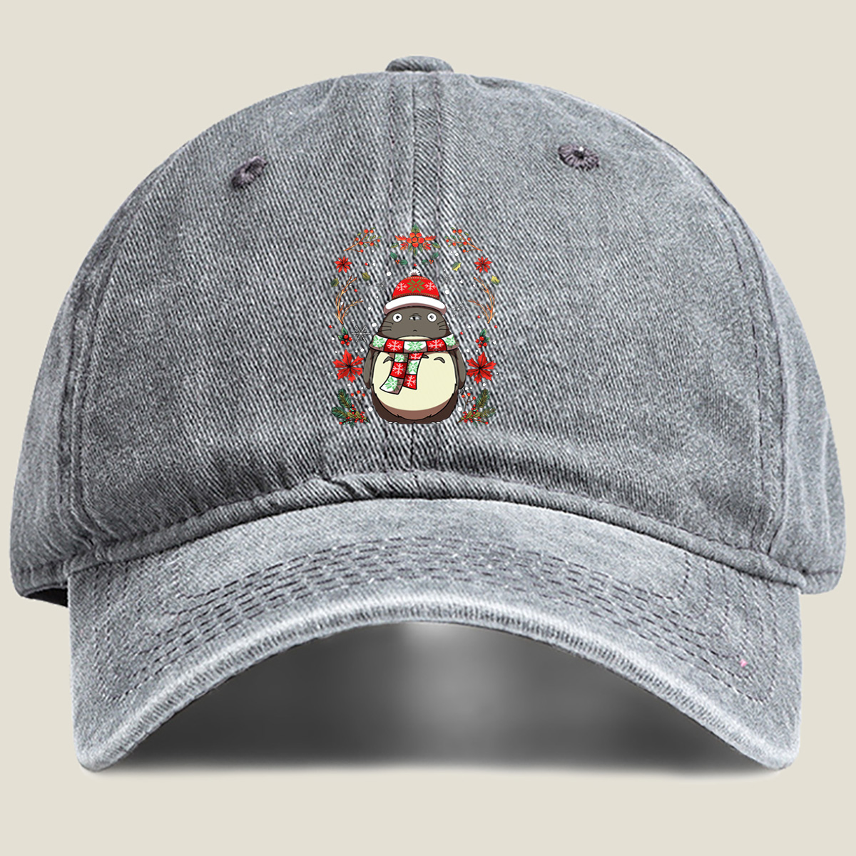 Totoro Christmas Holiday Design - Washed Denim - Baseball Cap