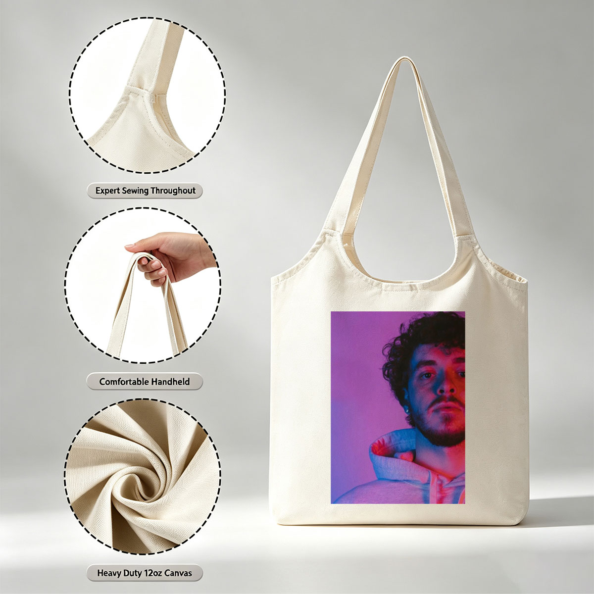 Jack Harlow in a Neon Glow Portrait Wearing a Hoodie with Purple and Pink Lighting - Canvas shoulder bags/