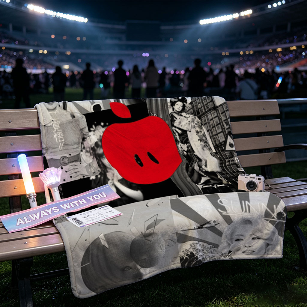 Ringo Sheena in a Retro-Futuristic Collage Featuring Black-and-White Portraits, Vinyl Records, and a Bold Red Apple Logo - Blankets