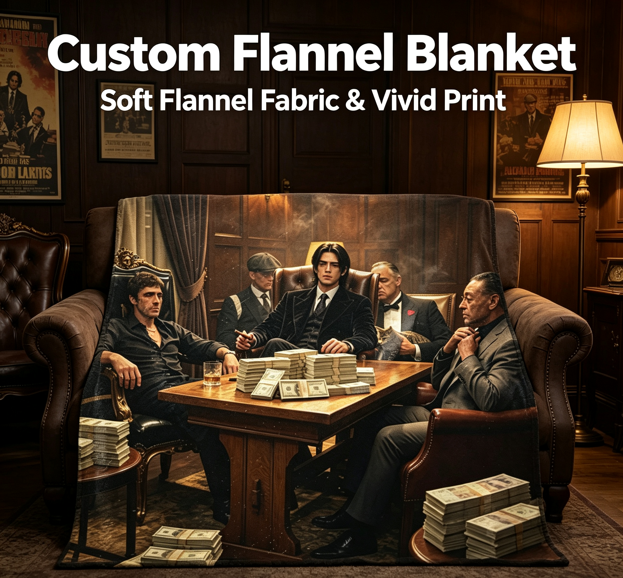 Custom Face Blanket - Gangster Meeting in Luxurious Study Room Flannel Blanket - Perfect for Movie Fans and Home Decor - Ideal Gift or Giveaway