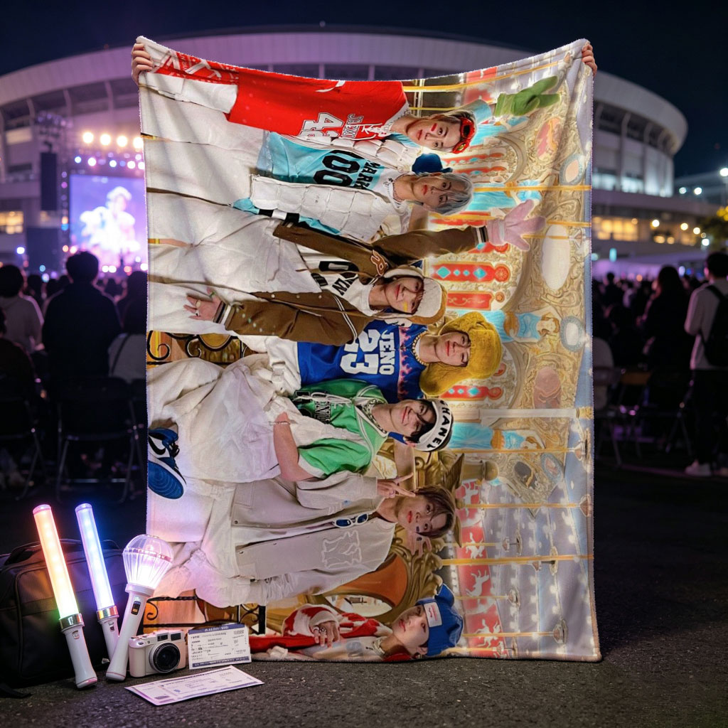 Stray Kids at the Carnival Ride - Vibrant Group Photo with Colorful Costumes and Joyful Expressions - Blankets