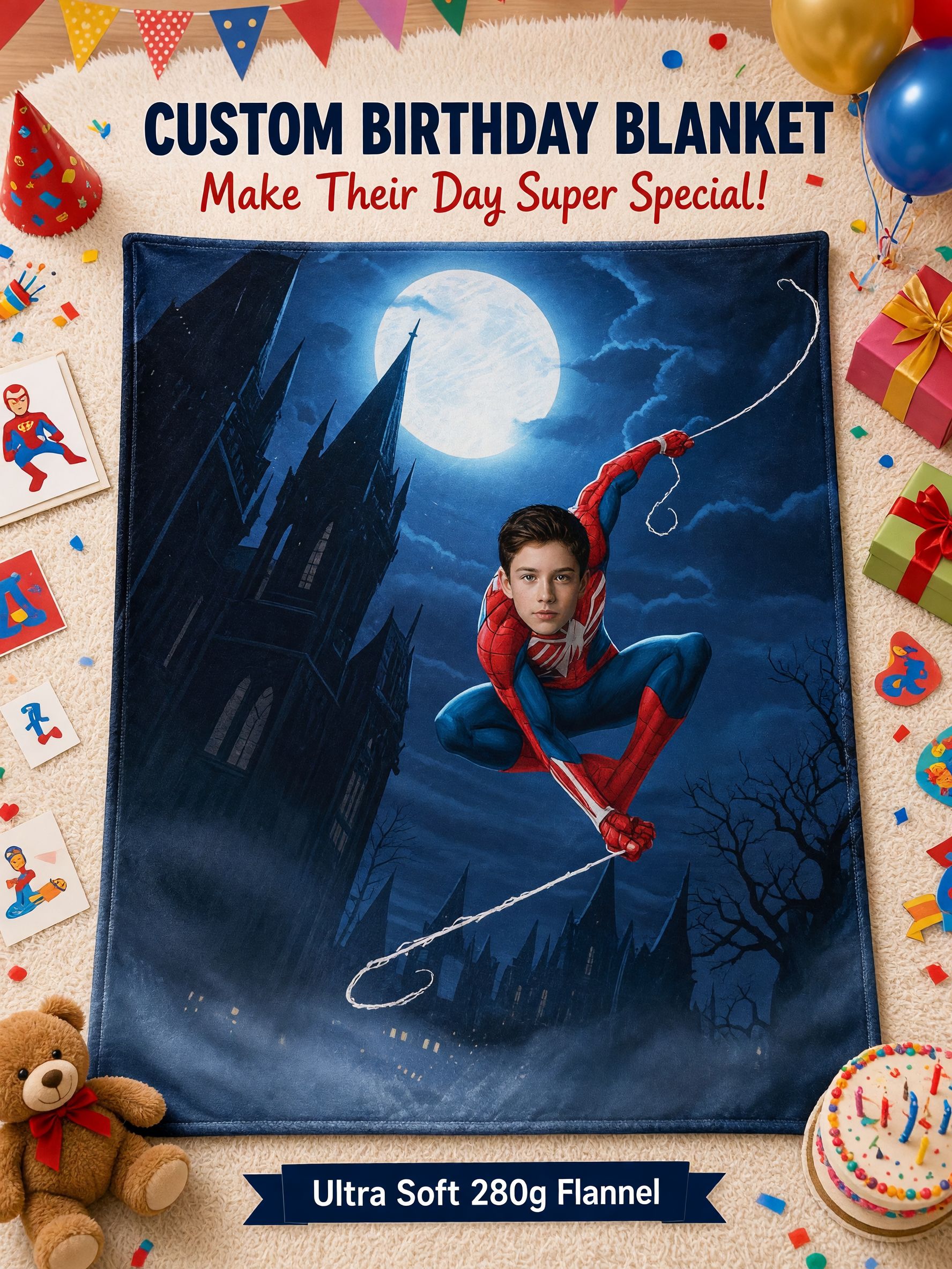 Custom Face Superhero Flannel Blanket, Personalized Photo Throw for Kids Bedroom Couch, Cozy Keepsake Hero Gift
