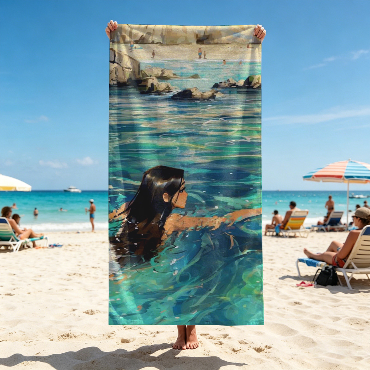 Woman swimming in clear blue water near rocky shore - Beach towels