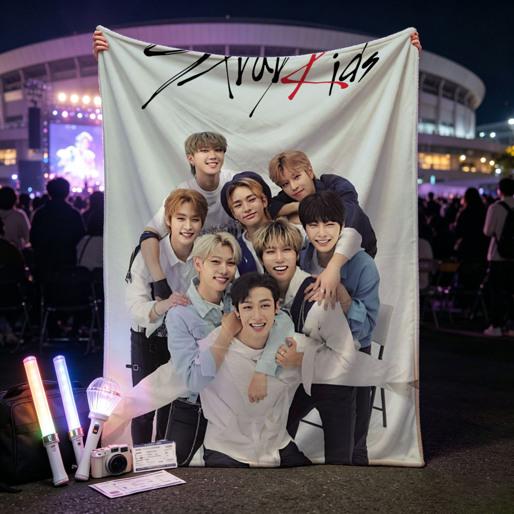 Stray Kids Group Photo - Members Posing Together in Casual Outfits on a Light Background - Blankets