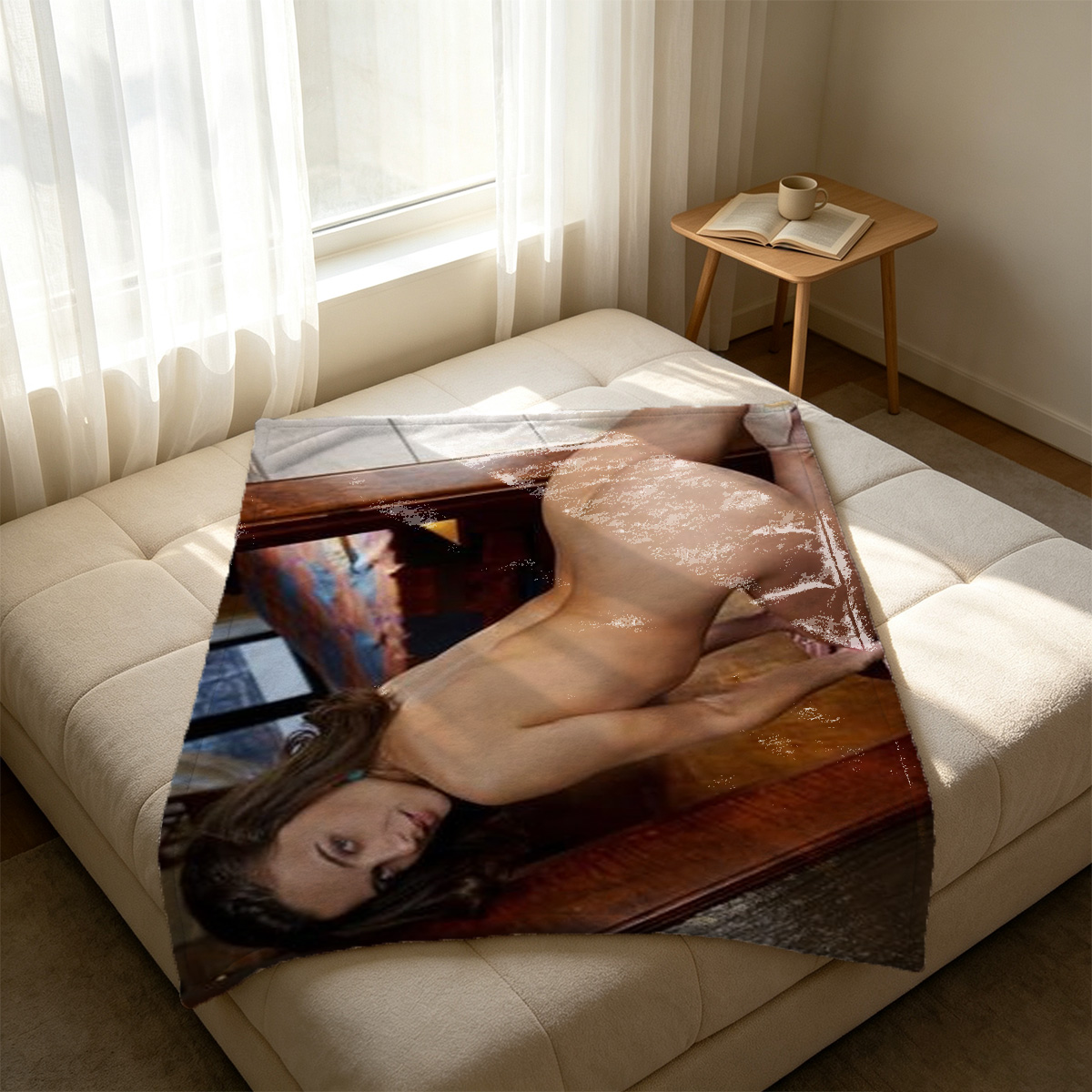 Blindfolded Beauty in Purple Lingerie on Bed - Blanket