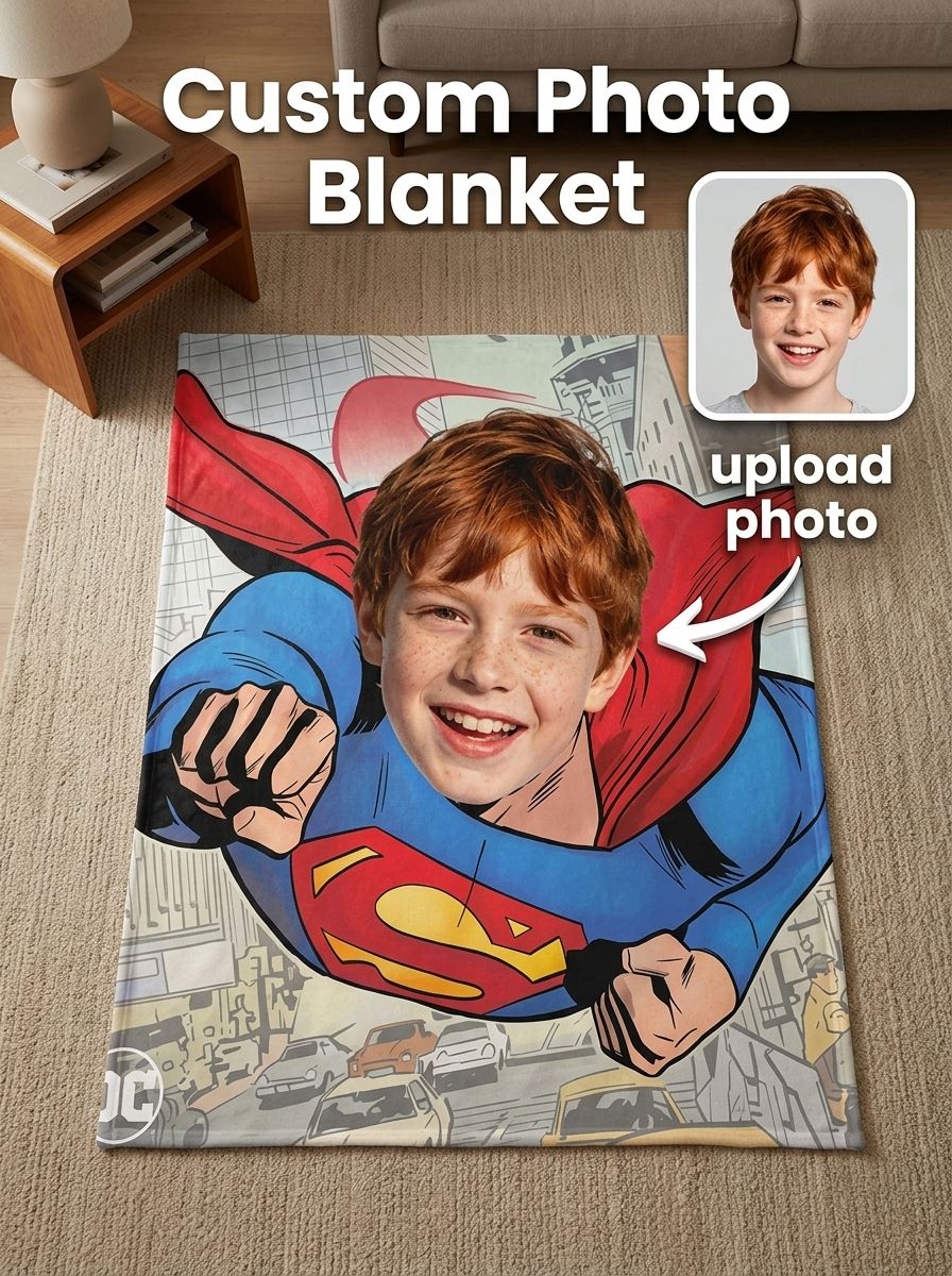 Custom Superhero Photo Blanket Personalized Face Flannel Fleece Throw Cozy Birthday Gift for Kids and Adults