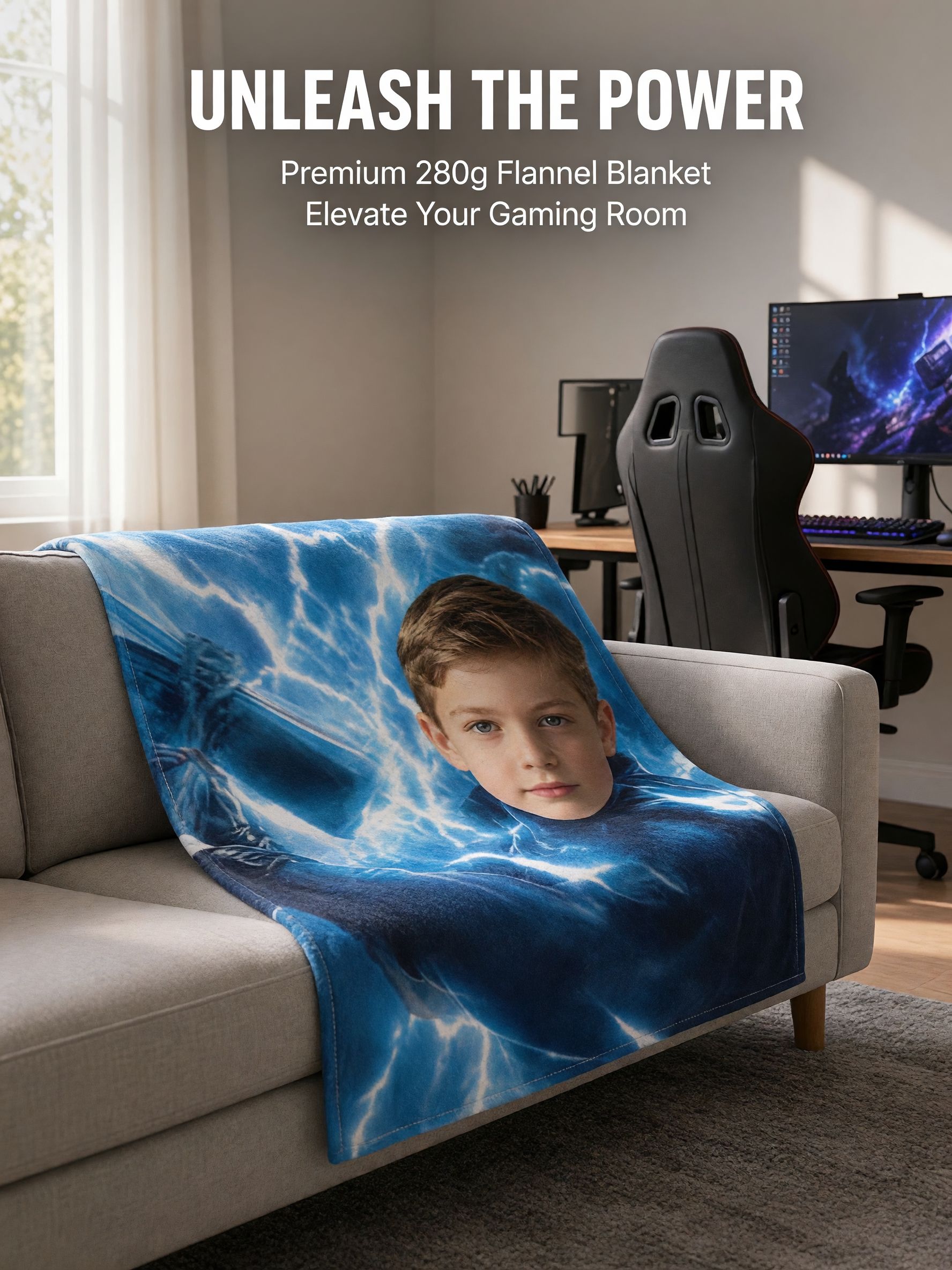 Custom Face Photo Blanket Superhero Lightning Print Flannel Fleece Throw, Cozy Plush Bed Couch Ideal Personalized Gift