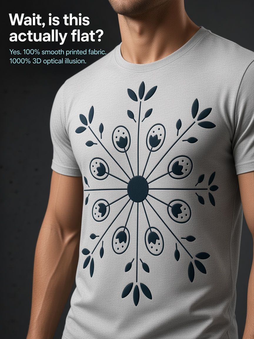 Botanical Mandala 3D Optical Illusion Graphic Tee, Breathable Athletic Mesh T-Shirt for Casual and Sports Wear