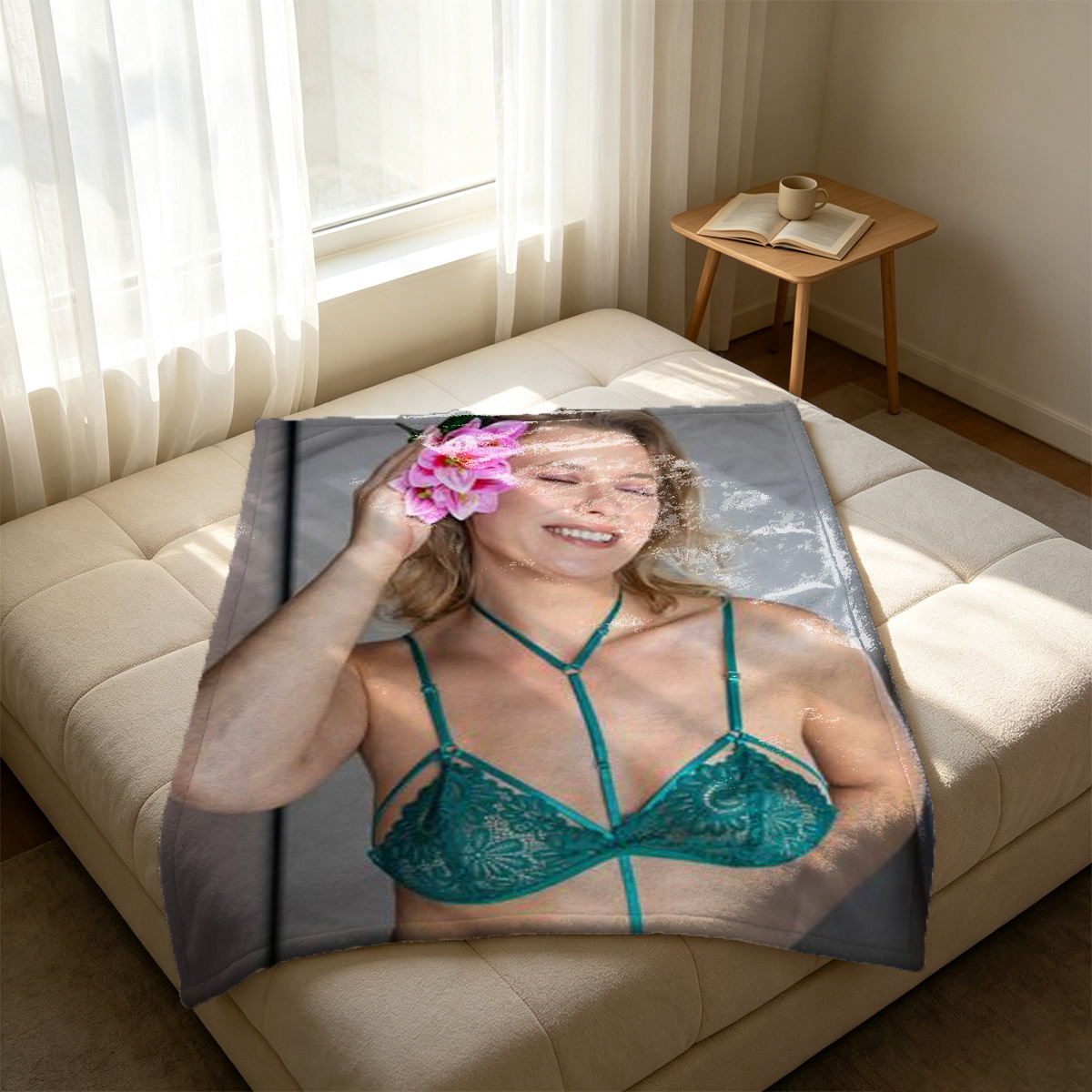 Chinese Woman in Black Sheer Qipao Lingerie Sitting on Chair in Bookshelf Room - Blanket