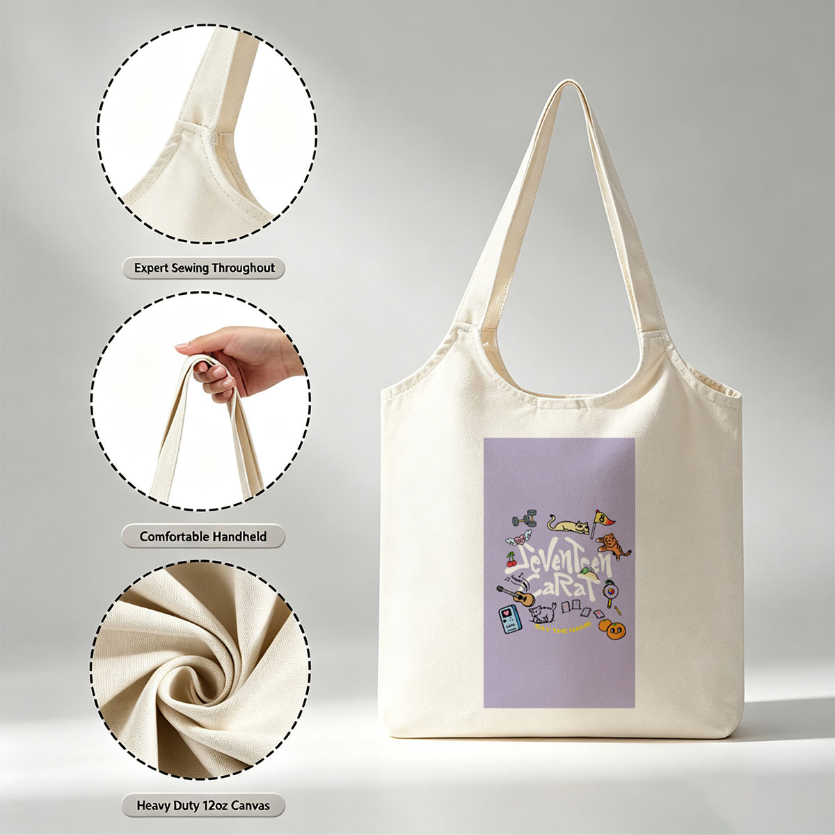 Seventeen Carat Say The Name Album Art Featuring Cats, Guitar, and Cute Icons - Canvas shoulder bags/