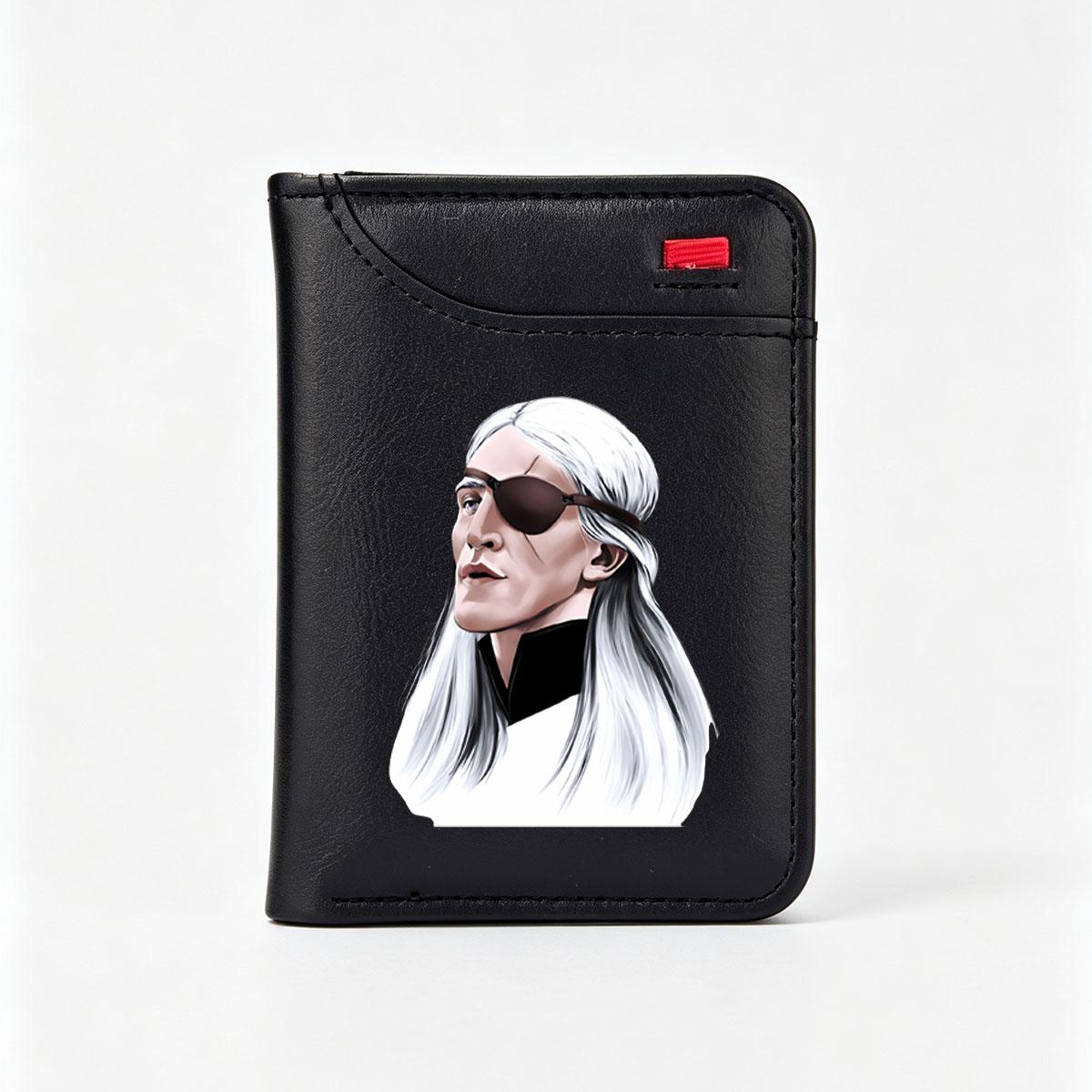 White-Haired Man with Eye Patch, Long Hair, Dark Clothing, Profile View - Vertical Style Wallet