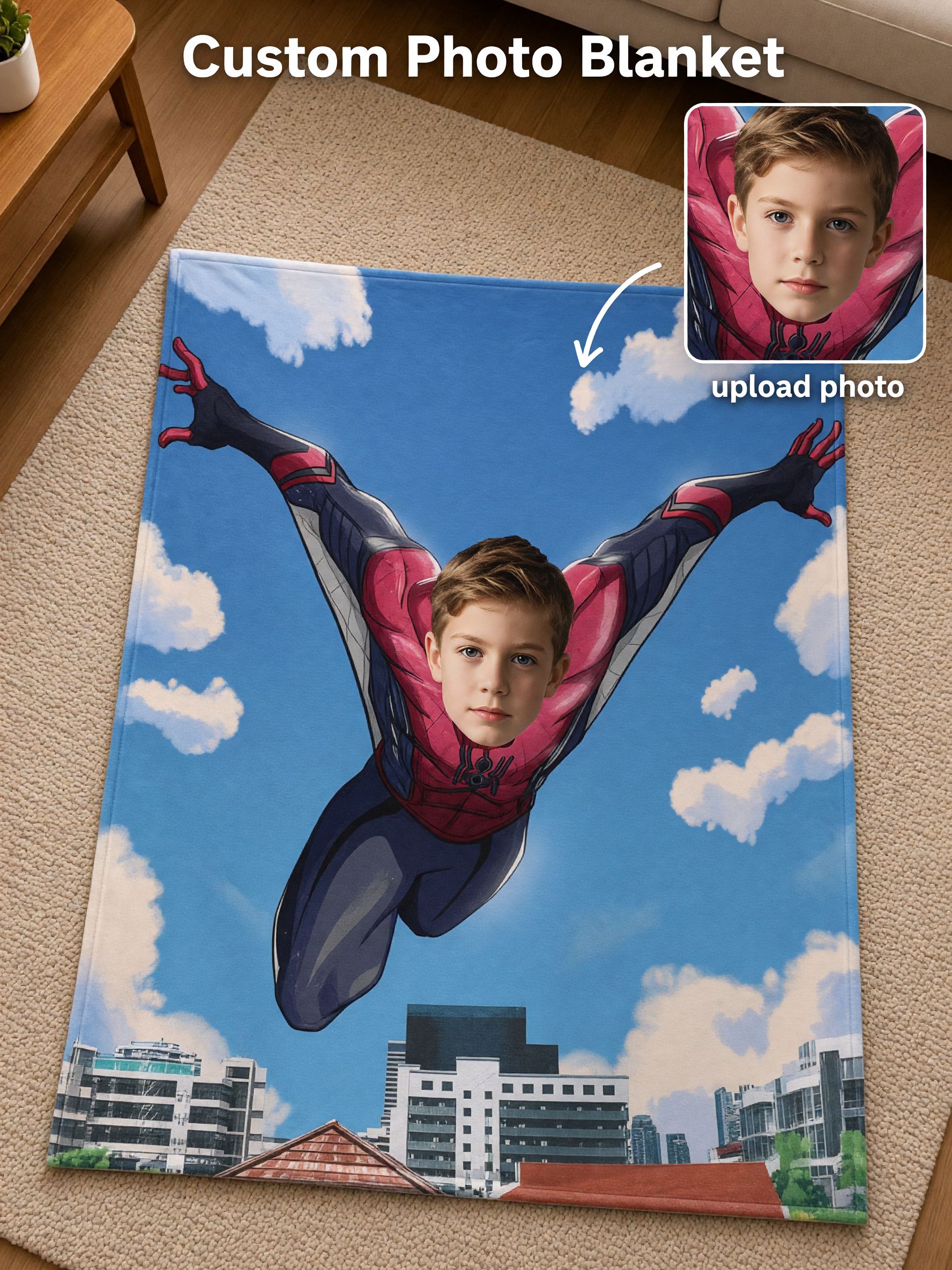 Custom Face Blanket Personalized Superhero Flying Over City Flannel Throw Cozy Photo Gift for Kids and Boys