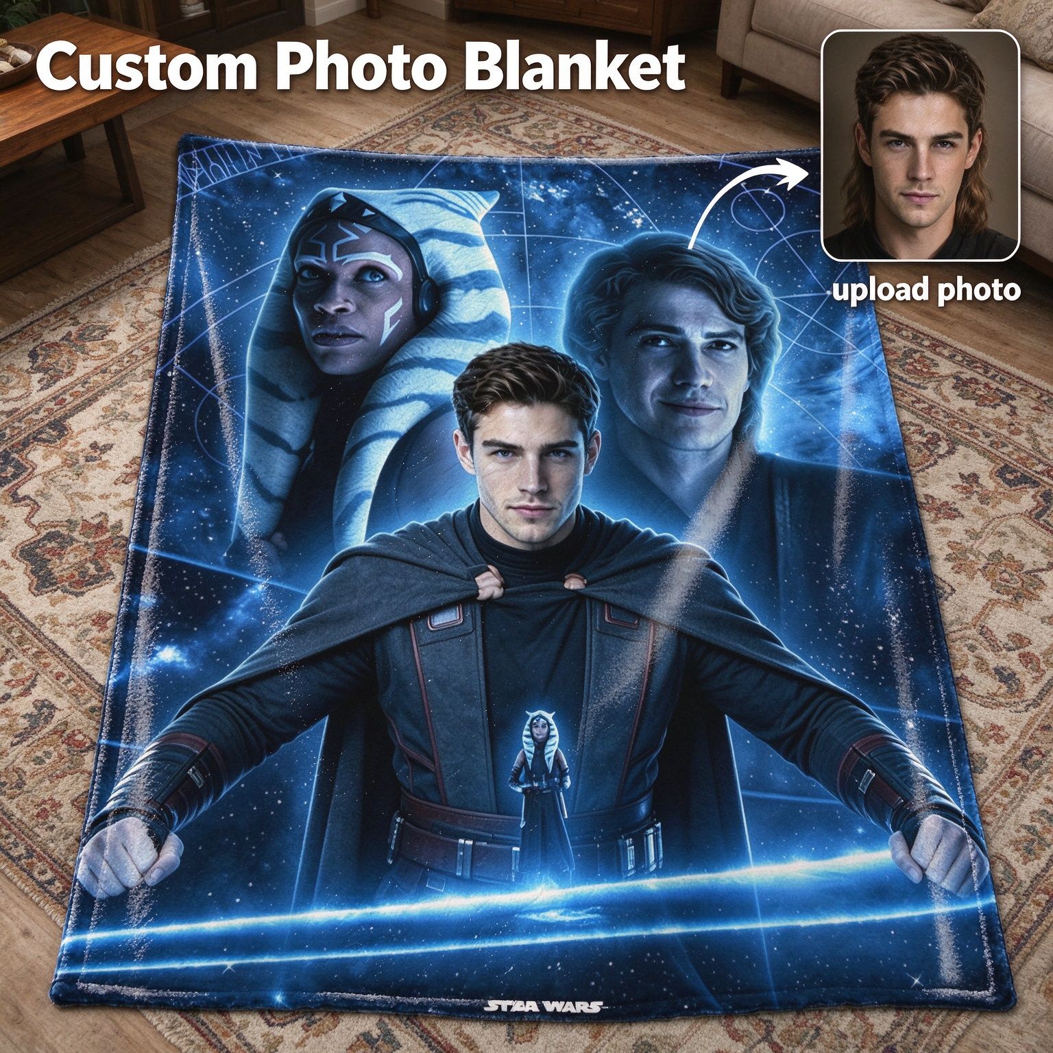Custom Photo Face Blanket Personalized Sci-Fi Galaxy Portrait Ultra Soft Anti-Pill Warm Flannel Throw
