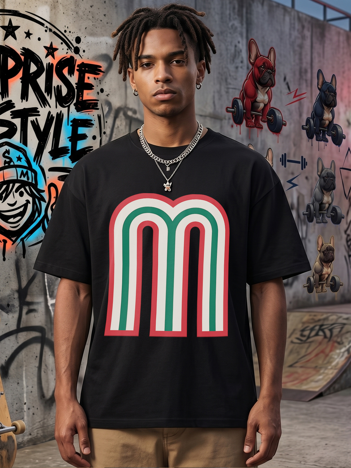 Men's Printed T-Shirt with Bold Geometric M Design in Red Green White Stripes, Casual Round Neck Lightweight Breathable Summer Short Sleeve Tee for Everyday Wear, Outdoor Activities, and Urban Style, Ideal for Young Adults and Fashion-Loving Men