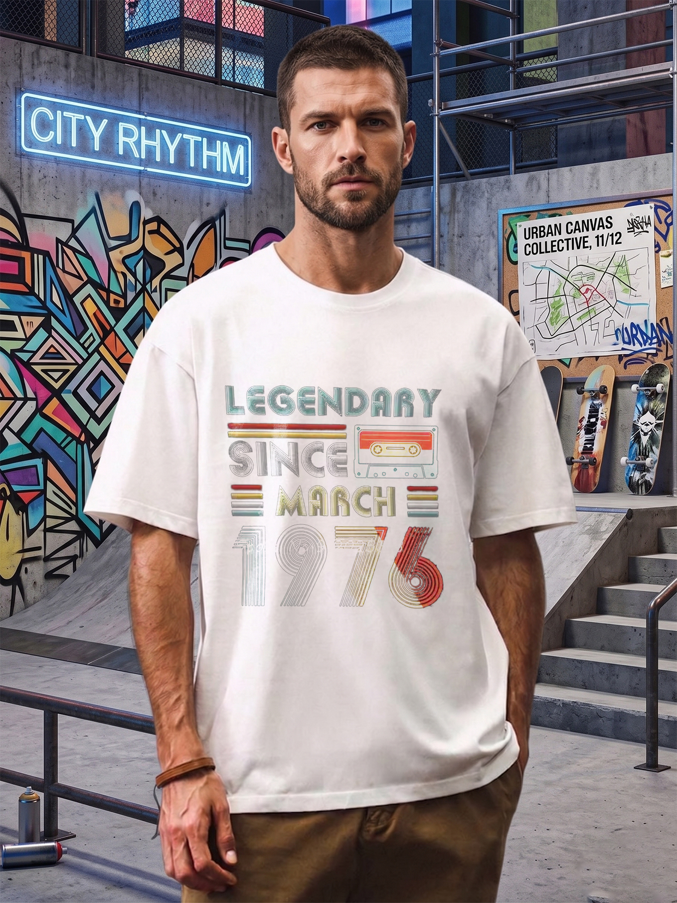 Men's Printed T-Shirt Legendary Since March 1976 Retro Cassette Tape Design Casual Round Neck Summer Lightweight Breathable Short Sleeve T-Shirt for Birthday Gifts Adults 40s 50s 60s Vintage Style Fashion