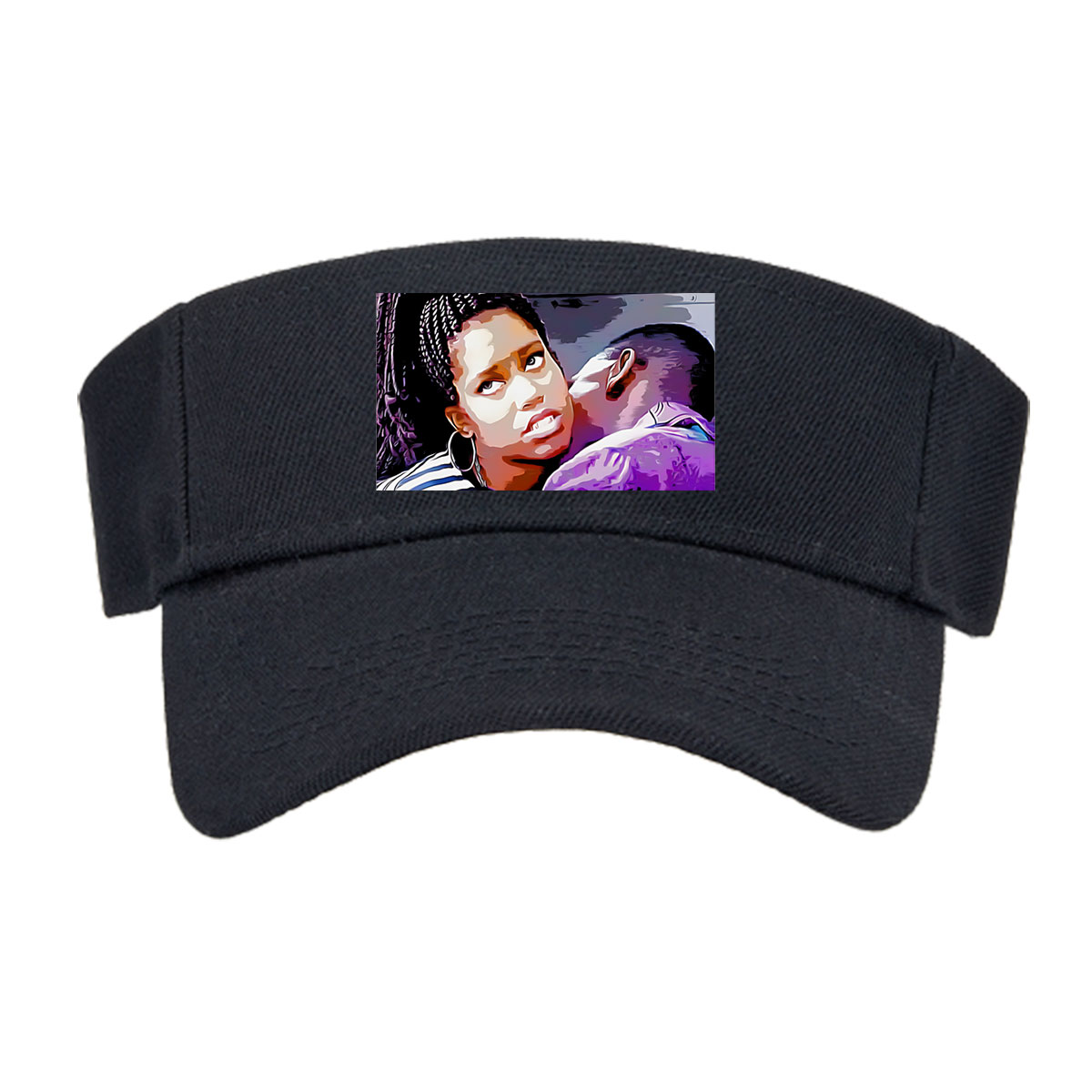 Woman with Braids and Hoop Earrings in Striped Shirt, Man in Purple Shirt with Tattooed Back -  Visor cap