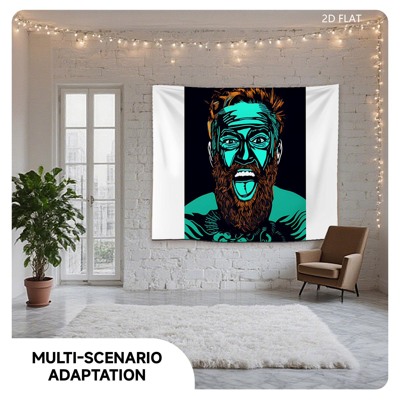 Bearded Man with Turquoise Face and Intense Expression - Tapestry