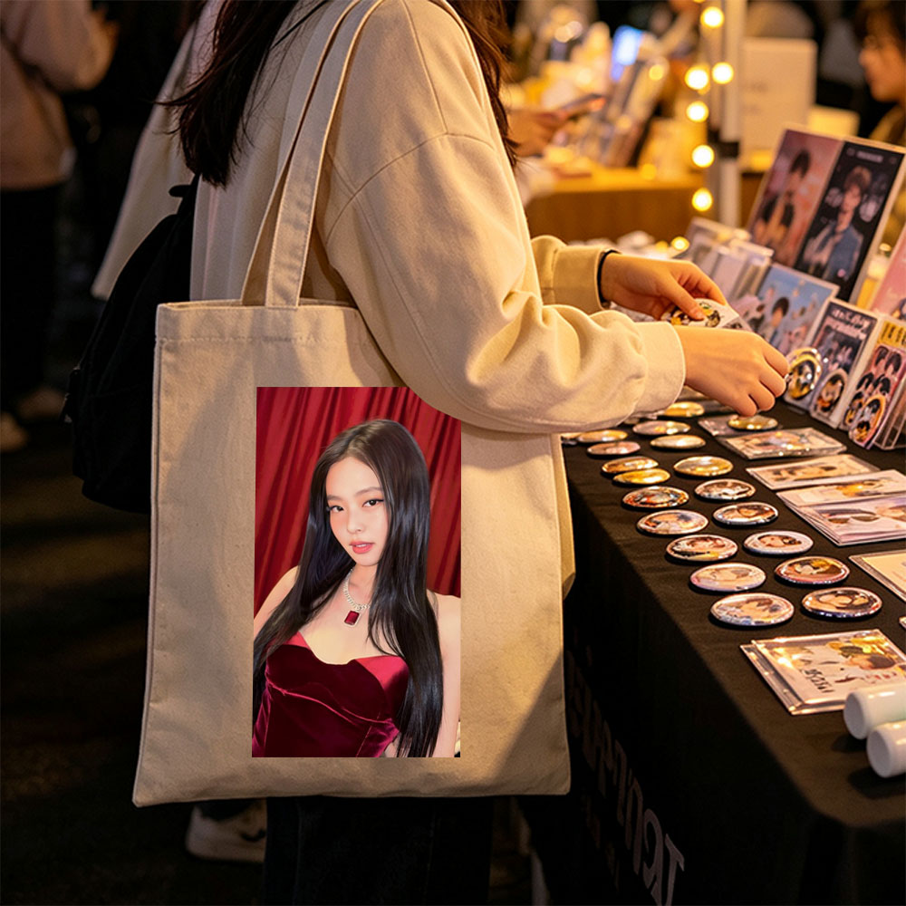 Jennie Kim in Red Velvet Dress at Glamorous Event with Red Curtain Background - Canvas tote bags