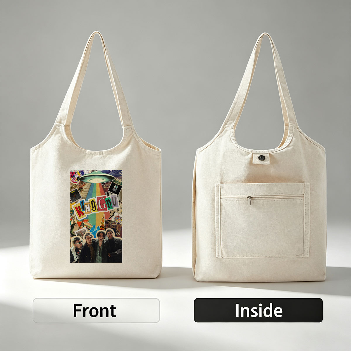King Gnu Band Members in a Vibrant Collage Featuring Rainbow Path, UFO, and Pop Culture Elements - Canvas shoulder bags/