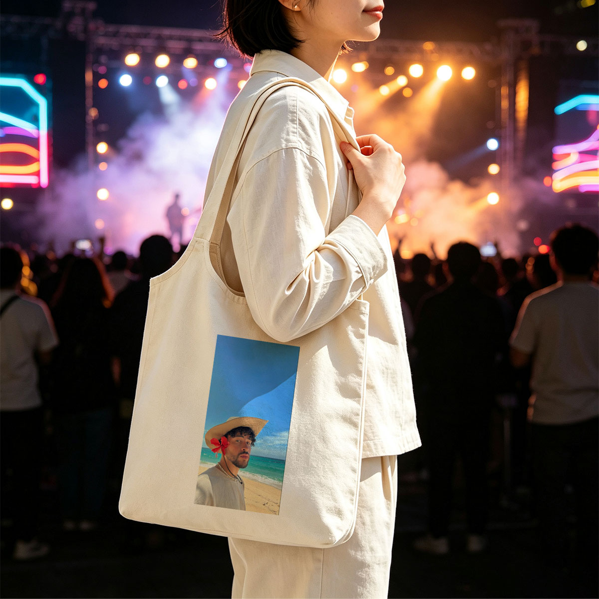 Bad Bunny on the Beach Wearing a Straw Hat with Red Flower and Beaded Necklace - Canvas shoulder bags/