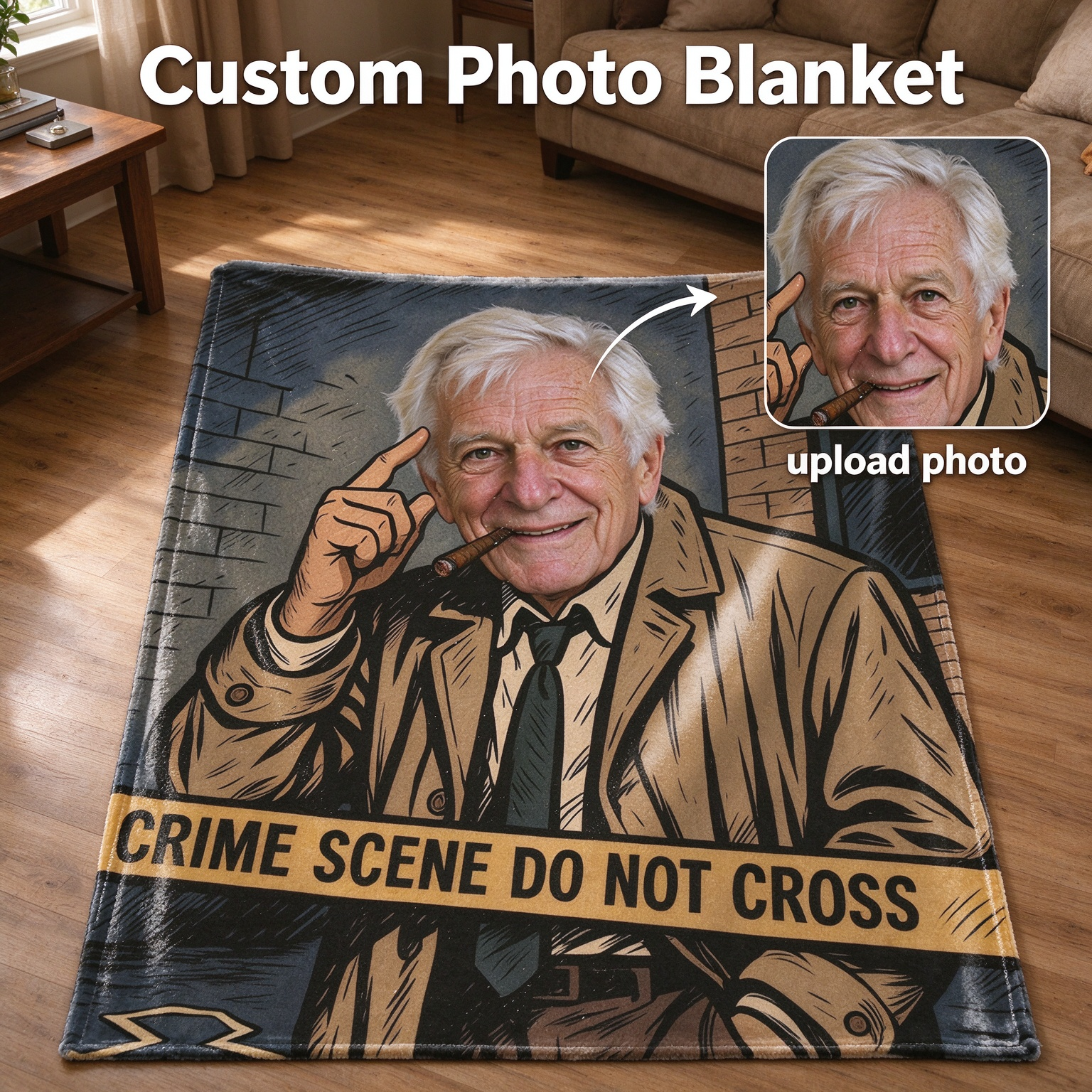 Personalized Custom Face Blanket Novelty Detective Portrait Soft Warm Flannel Fleece Throw Cozy Gift for Men and Women