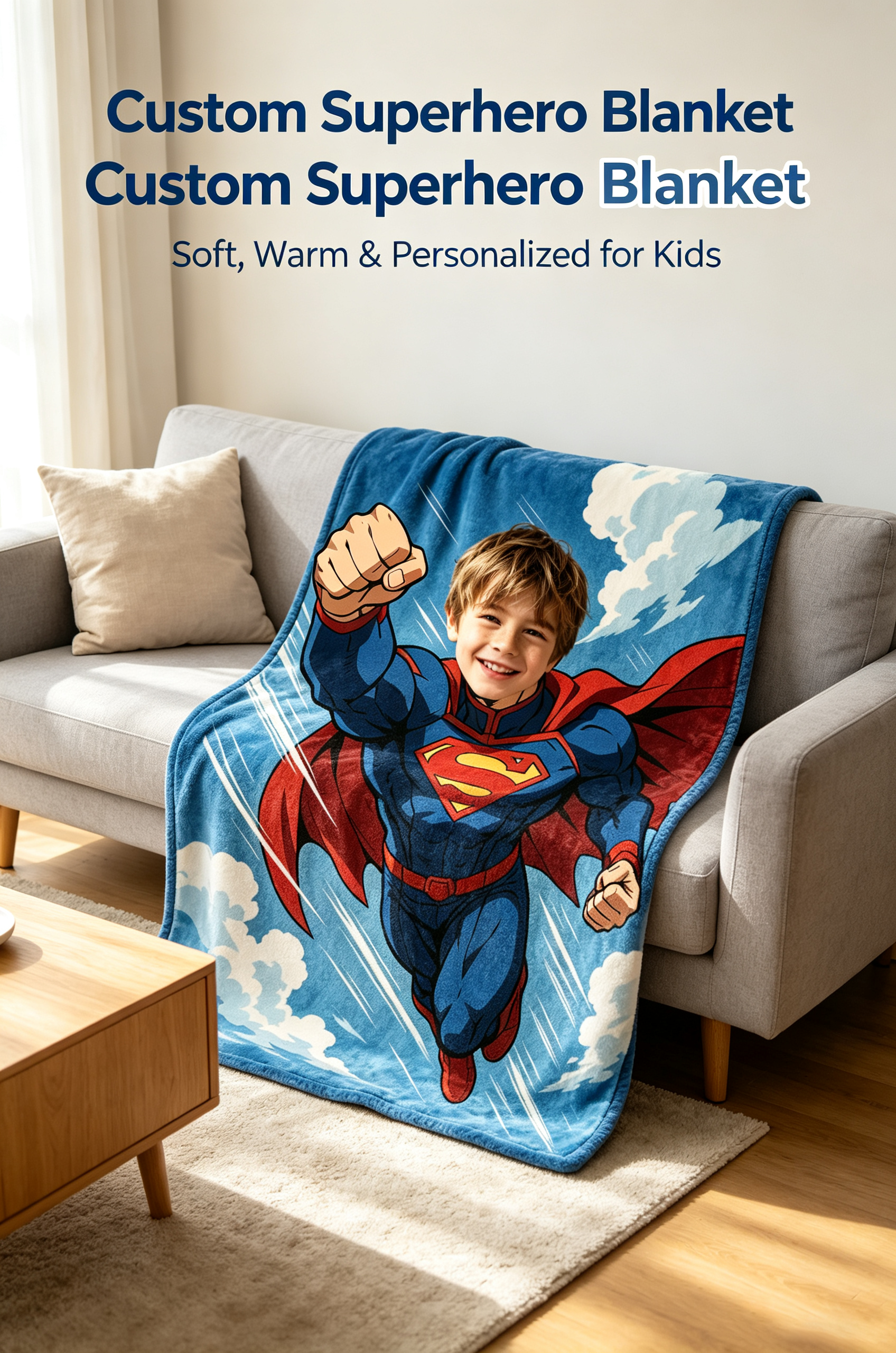 Custom Superman Photo Blanket, Turn Your Boy Into Superman, Personalized Upload Picture Flannel Throw, Unique Kids Birthday Gift