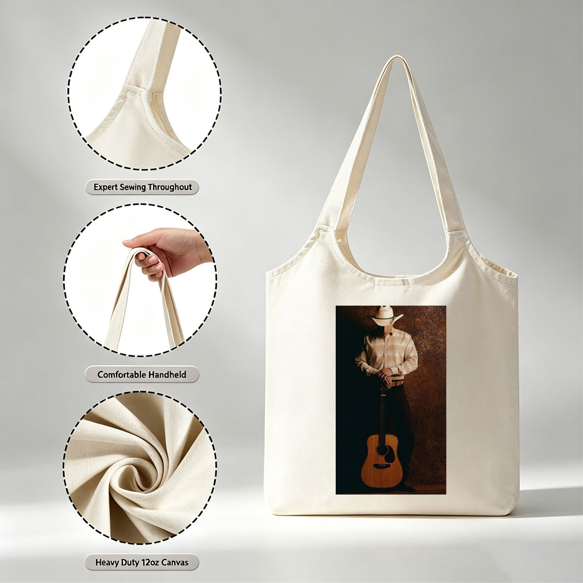 George Strait Holding Acoustic Guitar in Cowboy Attire Against Rustic Background - Canvas shoulder bags/