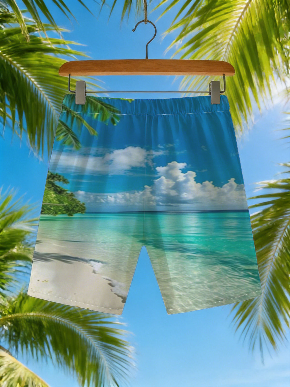 Tropical Beach with Crystal Clear Waters and Palm Trees -  Beach shorts