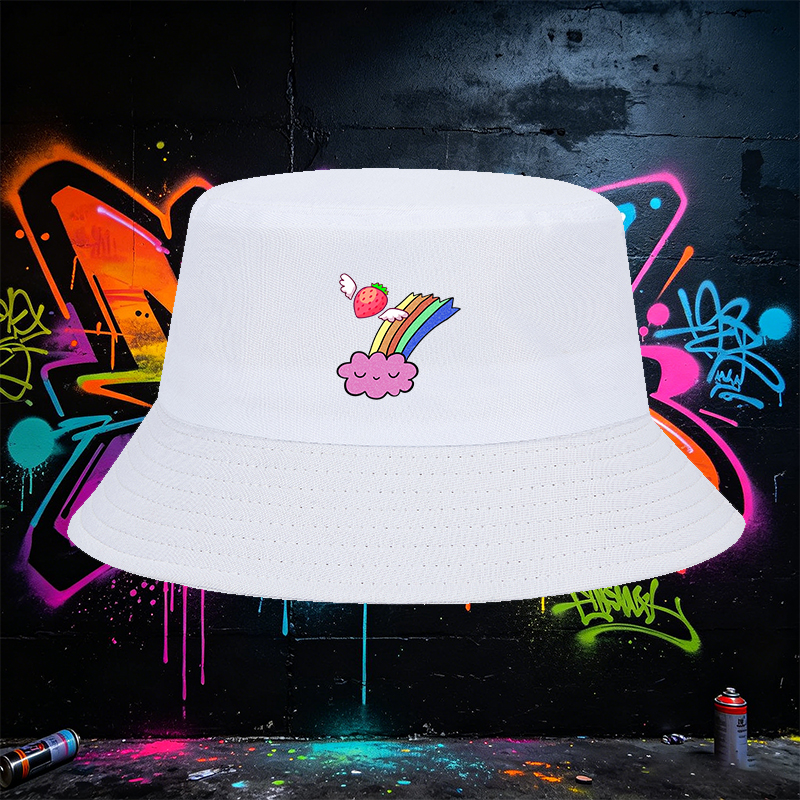 Unisex Bucket Hat with Strawberry Wings and Rainbow Cloud Print - Classic Adjustable Sun Hat for Outdoor Activities, Perfect for Teens and Young Adults Seeking Fun and Fashionable Headwear