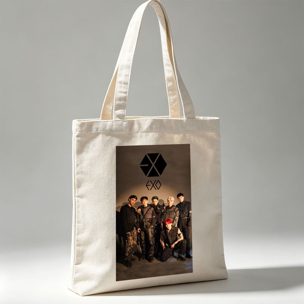 EXO Group Photo - Members in Edgy Black Outfits Posed Against Dark Background with Logo - Canvas tote bags