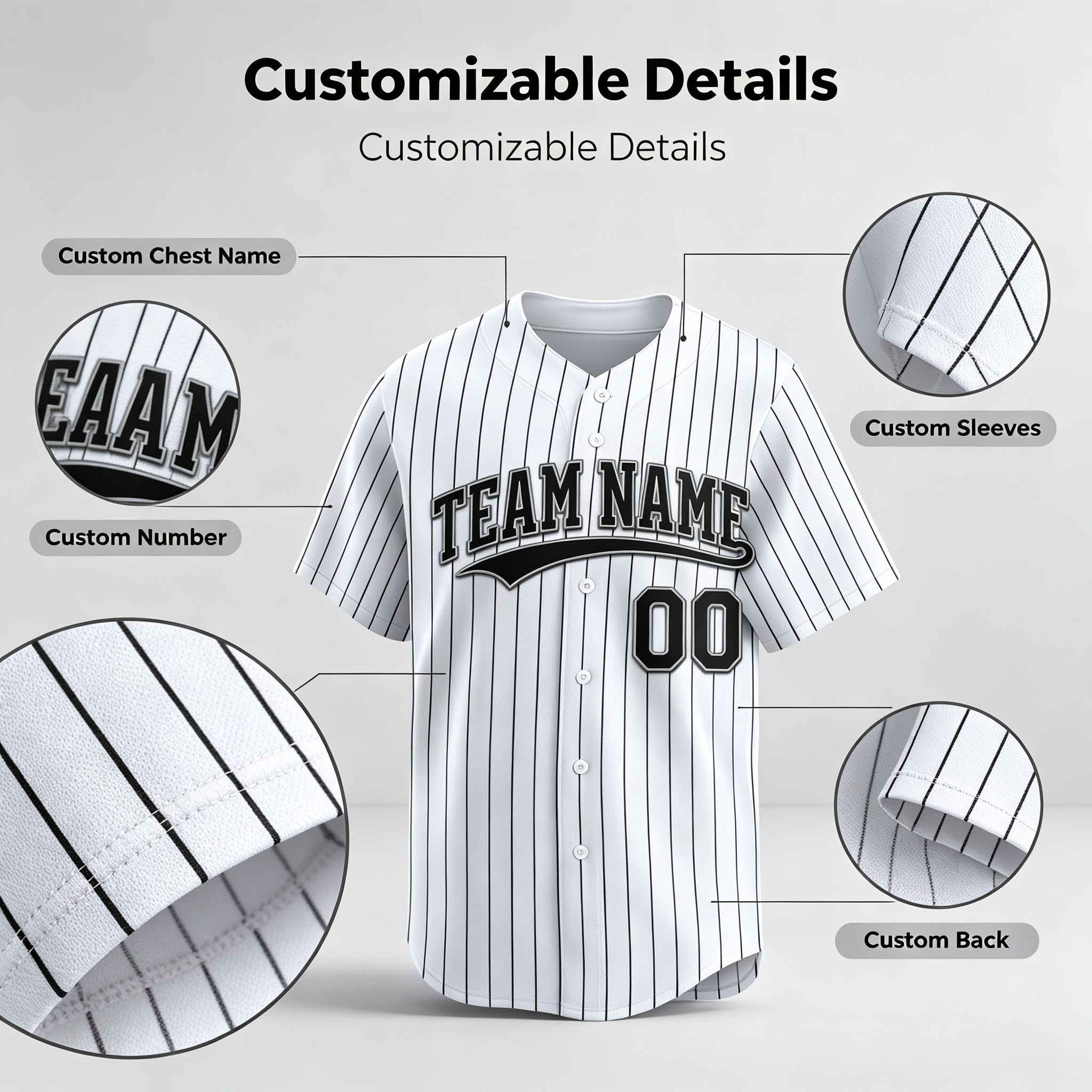 Custom Printed Chicago Southside Style Baseball Jersey White Black Pinstripe Button Down Shirt for Men and Women