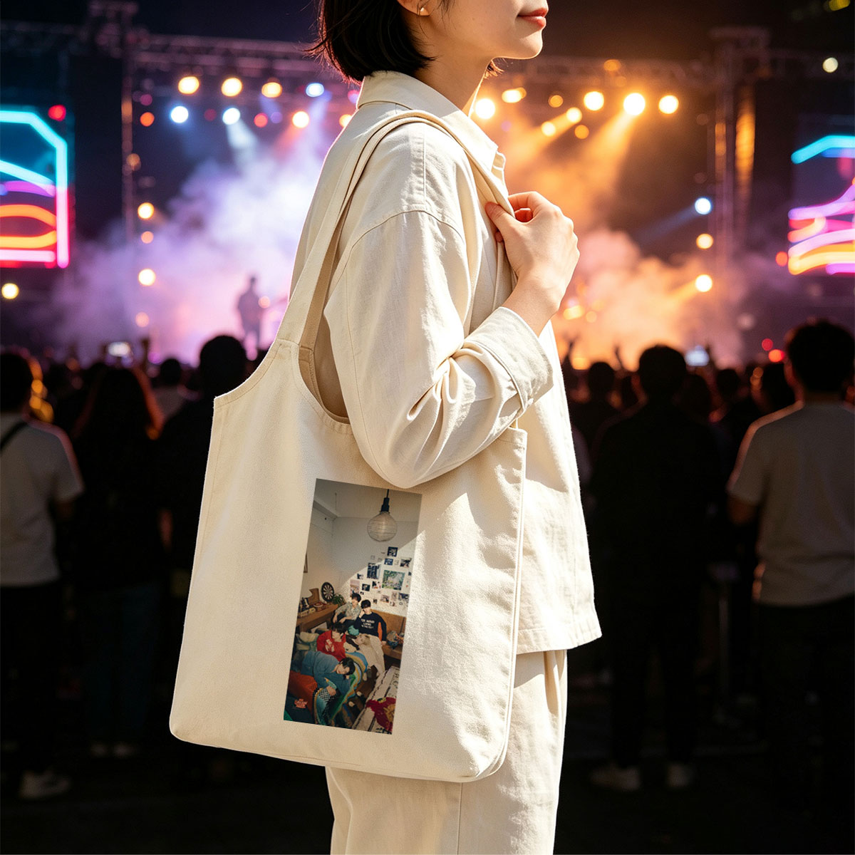 Stray Kids Relaxing in Cozy Living Room with Colorful Canvas shoulder bags/ and Wall Art - Canvas shoulder bags/