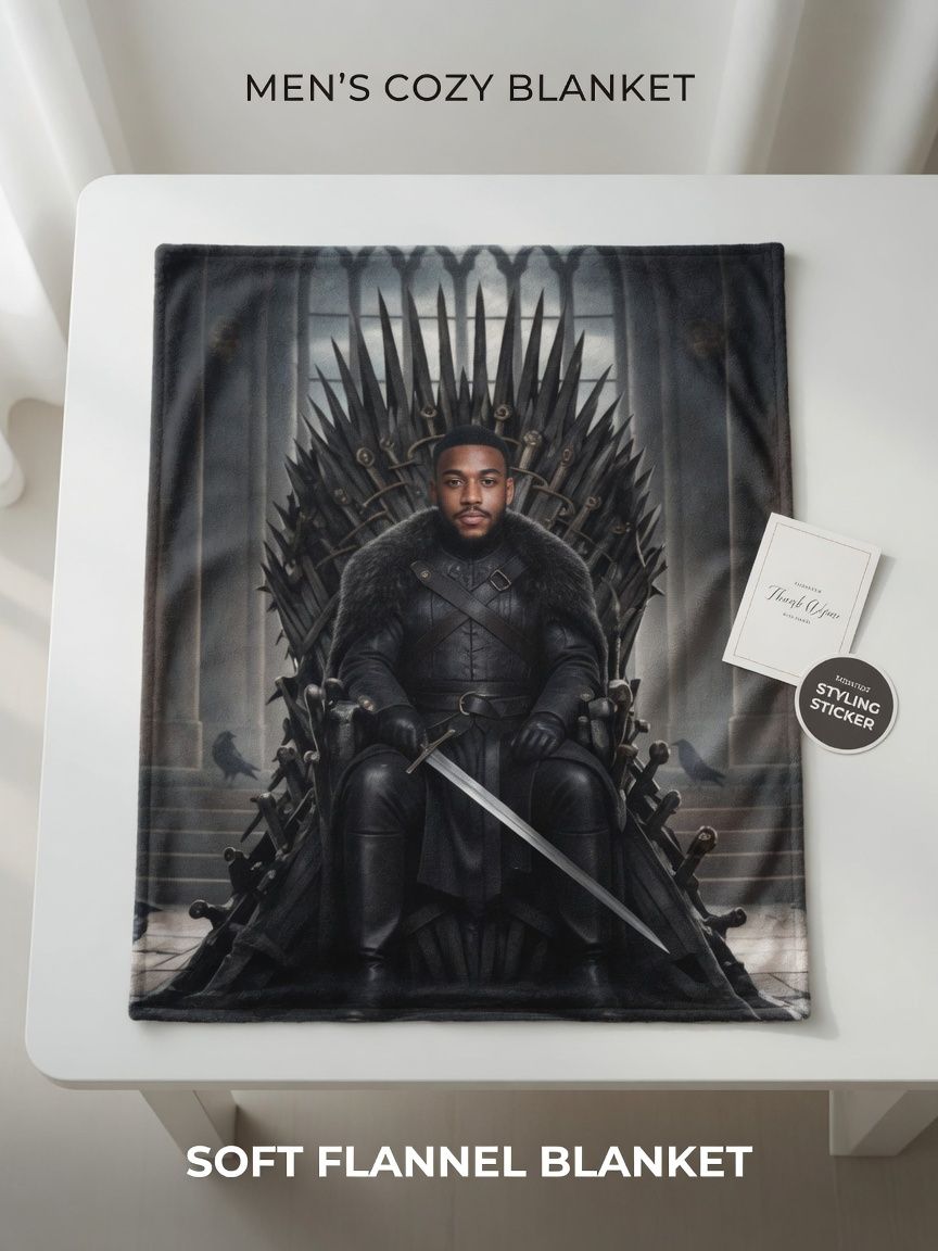 Custom Face Photo Flannel Blanket Personalized Fantasy Throne Warrior Throw for Couch Bed Cozy Novelty Gift